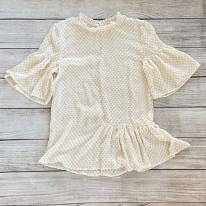 H&M Beige Cream Sheer Ruffle Short Bell Sleeves Blouse Top Size 2